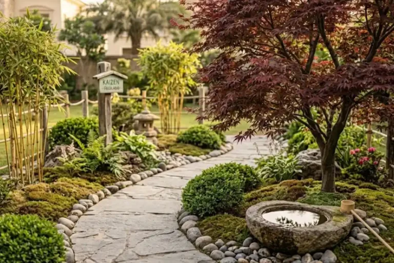 Asian Garden Ideas: How to Design a Calm Backyard Retreat 6 A peaceful Asian garden with a stone path, Japanese maple, and small water feature in a backyard