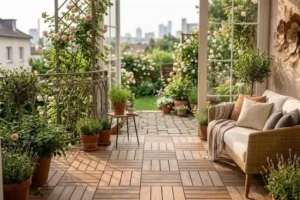 Aura balcony deck tiles installed on a small apartment balcony with a warm wood-look finish