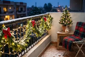 Balcony decorated for Christmas with string lights, pine garland, and a mini tree at dusk