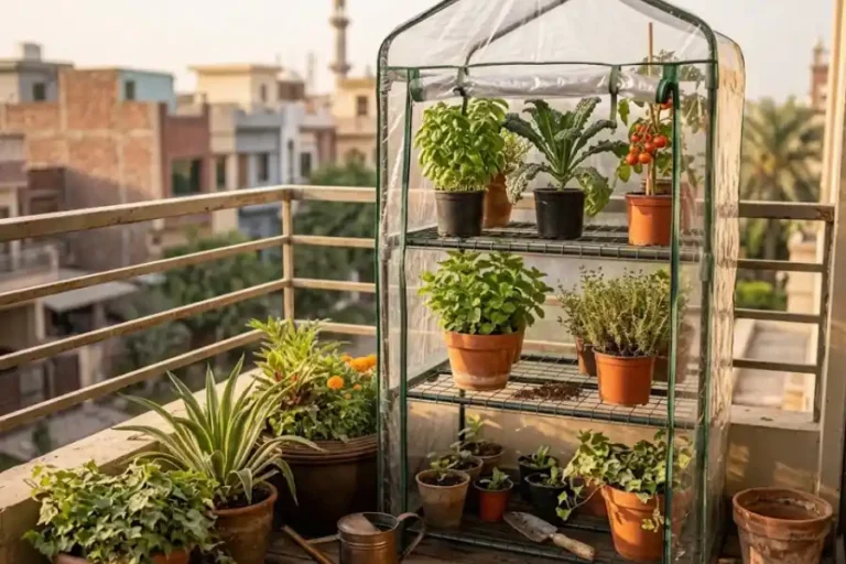 Tiered balcony greenhouse with herbs and vegetables growing on a sunny apartment balcony
