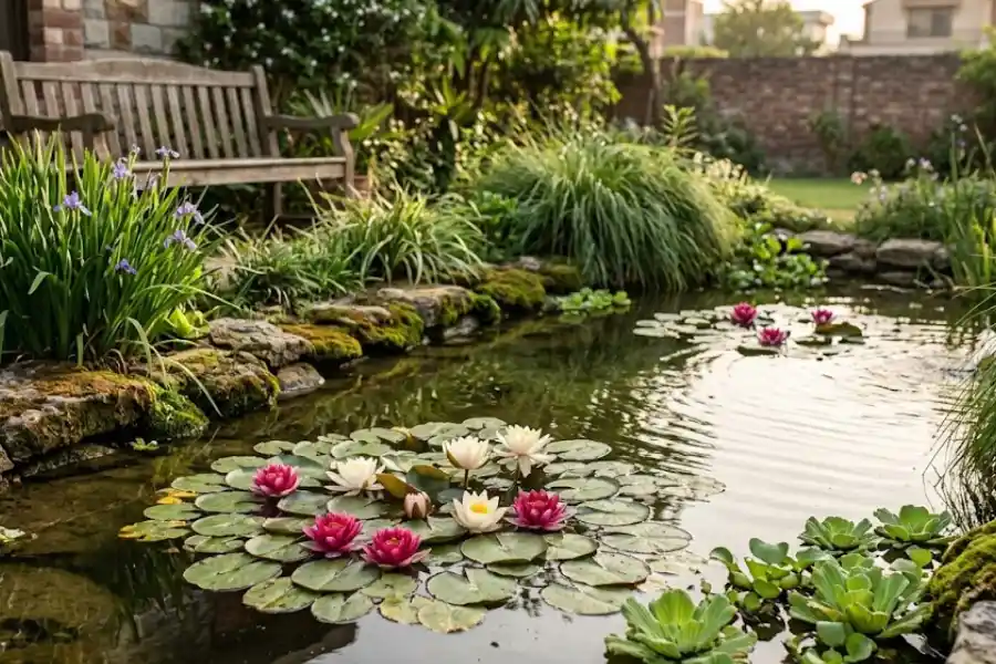 Backyard garden pond with blooming water lilies, blue flag iris, and floating water lettuce plants along a natural stone edge
