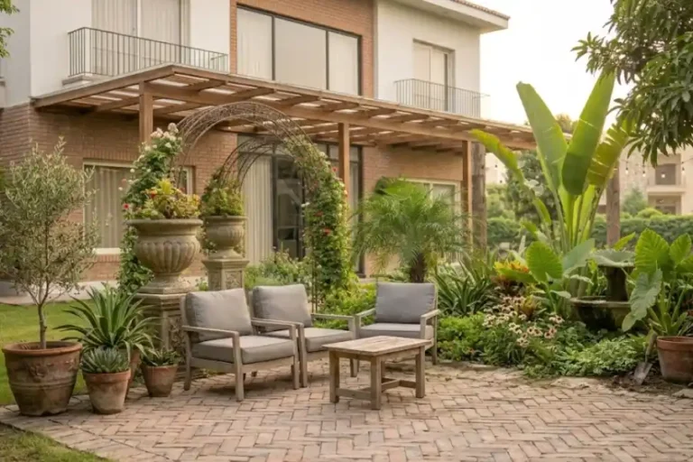 Covered patio attached to house with wood beam cover and outdoor seating area