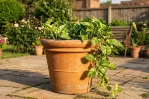 Crescent Garden Brunello planter in weathered terracotta finish on a sunny patio with a green plant