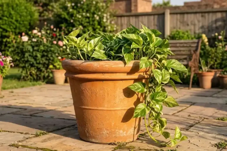 Crescent Garden Brunello planter in weathered terracotta finish on a sunny patio with a green plant