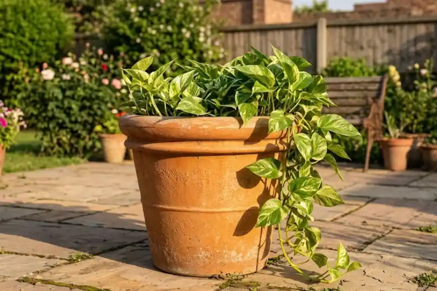 Crescent Garden Brunello Planter: Worth Buying in 2026? 13 Crescent Garden Brunello planter in weathered terracotta finish on a sunny patio with a green plant
