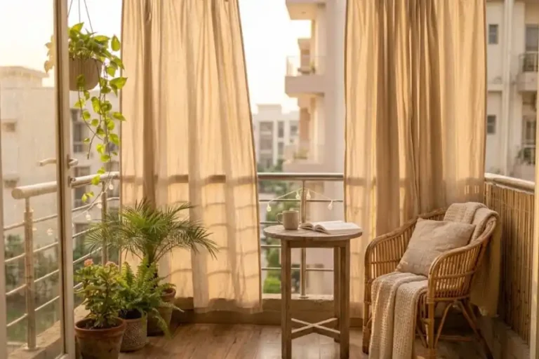 Cozy apartment balcony with beige outdoor curtains for privacy and shade