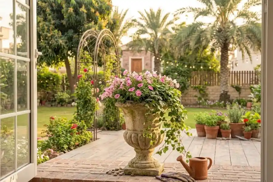 Decorative Urn Ideas: Styles, Placement, and Care Tips 4 Stone decorative urn filled with flowers beside a front porch entrance
