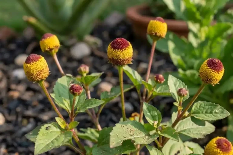 Eyeball plant flower heads with yellow bases and dark red tops growing in a sunny garden