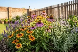 Full sun plants outdoor: coneflowers, black-eyed Susans, and salvia blooming in a sunny garden bed