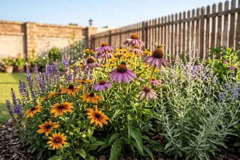 Full sun plants outdoor: coneflowers, black-eyed Susans, and salvia blooming in a sunny garden bed