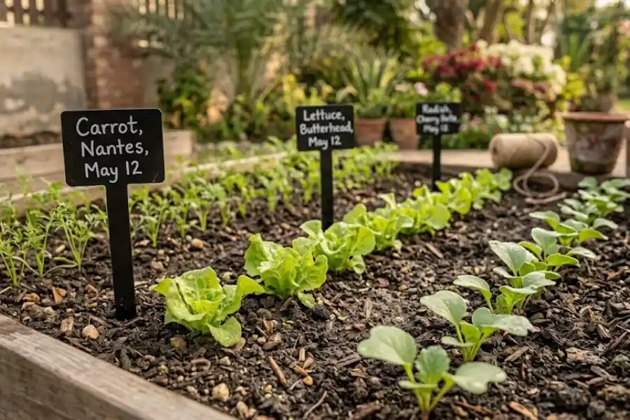 Garden Plant Markers That Last: Best Types, Pens and Tips 3 Metal garden plant markers labeling rows of young vegetable seedlings in a sunny raised bed