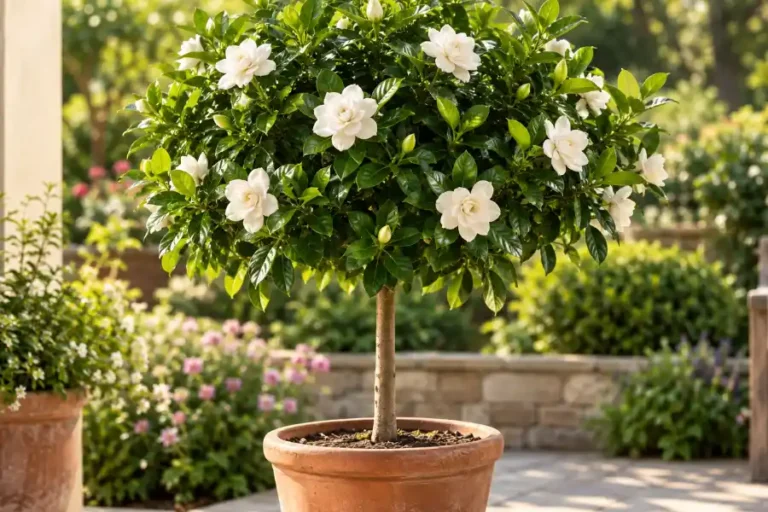 Gardenia Tree Care: How to Grow Big, Fragrant Blooms 6 A healthy gardenia tree with glossy dark green leaves and fragrant white blooms growing in a terracotta pot on a sunny patio