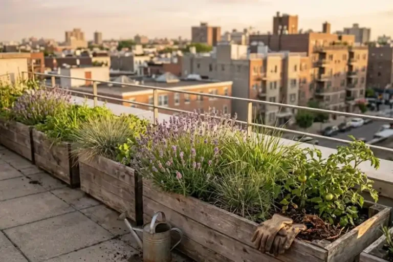 Rooftop garden with wooden planters, lavender and tomato plants on a city apartment building