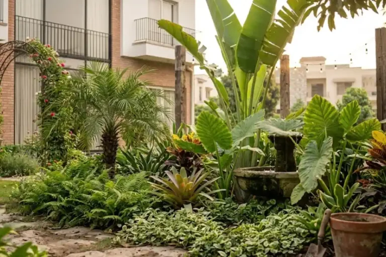 How to Create a Tropical Garden in Any Climate, Even Cold Ones 5 Lush layered tropical backyard garden with banana leaves, elephant ears, and a stone path