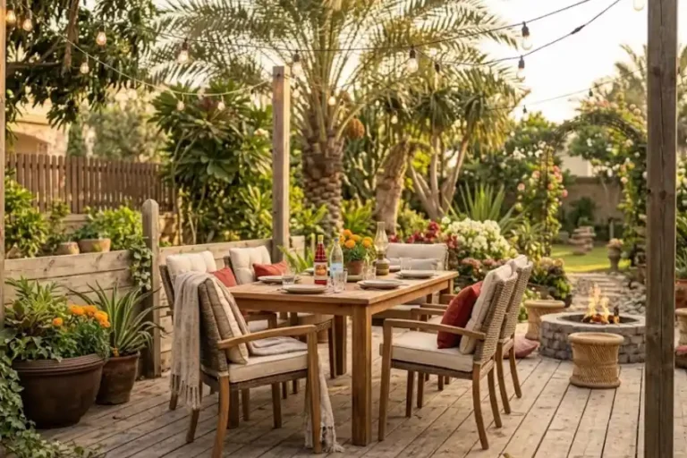 Backyard outdoor entertaining area with a dining table, string lights, and a glowing fire pit at sunset