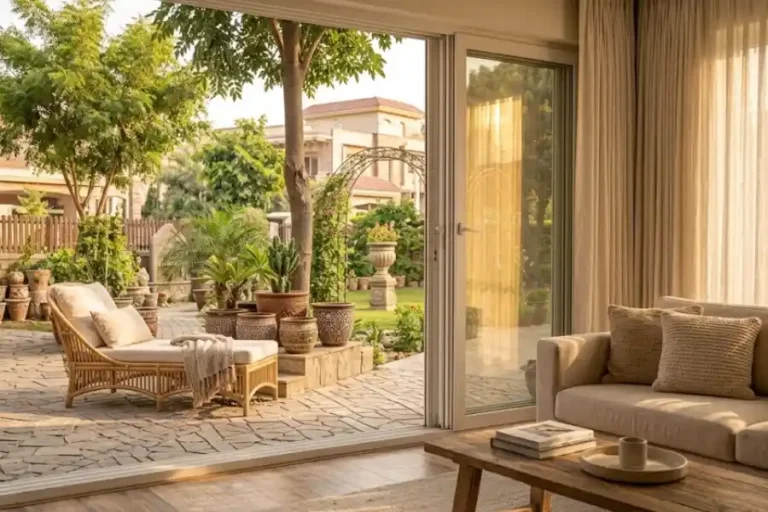Living room with wide open sliding glass doors connecting to a sunlit patio, showing indoor outdoor living