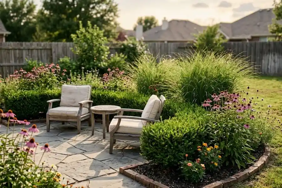 Landscaping Around Patio: 17 Ideas Plus Mistakes to Avoid 12 Landscaping around a patio with layered flower beds, a low hedge, and stone pavers