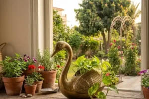 Large vintage brass swan planter with trailing pothos plant on wooden console table