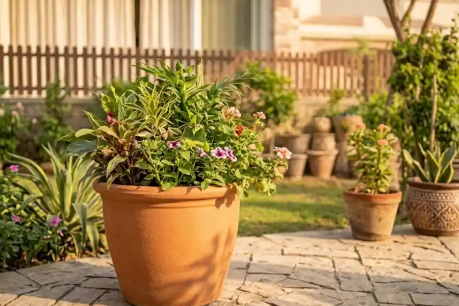 Margo Garden Products 20 in. Anturio Planter in terracotta on a sunny patio