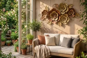 Gold and bronze metal flower wall decor hanging above a living room sofa