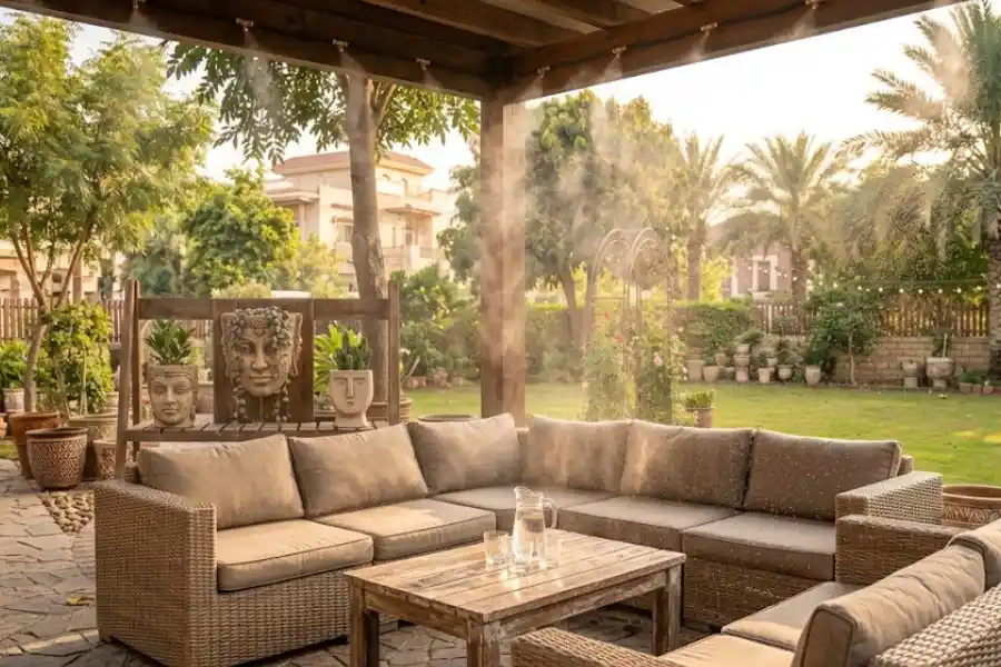 Outdoor Patio Misting Systems: Costs, Types & Buying Tips 2 Outdoor patio misting system spraying cool mist over a shaded backyard seating area