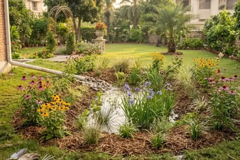 Backyard rain garden with native plants collecting rainwater in a shallow basin