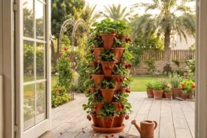 strawberry tower planter overflowing with ripe strawberries on a sunny patio