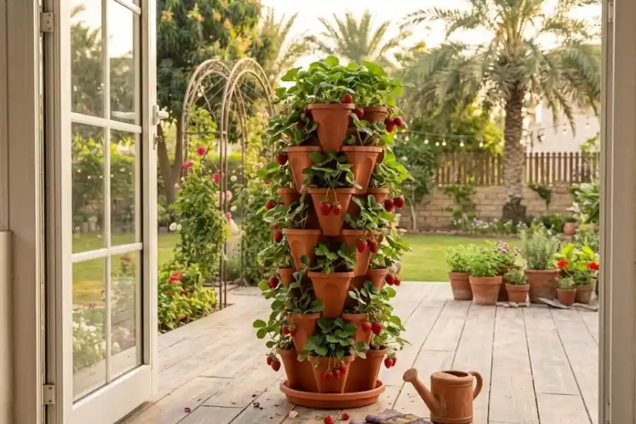 Strawberry Tower Planter: How to Grow Strawberries in a Small Space 5 strawberry tower planter overflowing with ripe strawberries on a sunny patio
