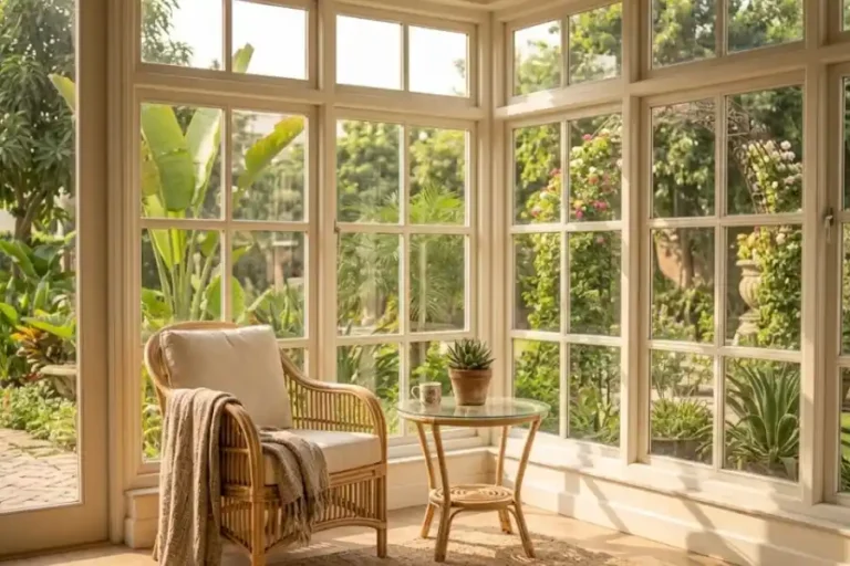 sunroom furniture ideas featuring a wicker chair and glass table in natural light
