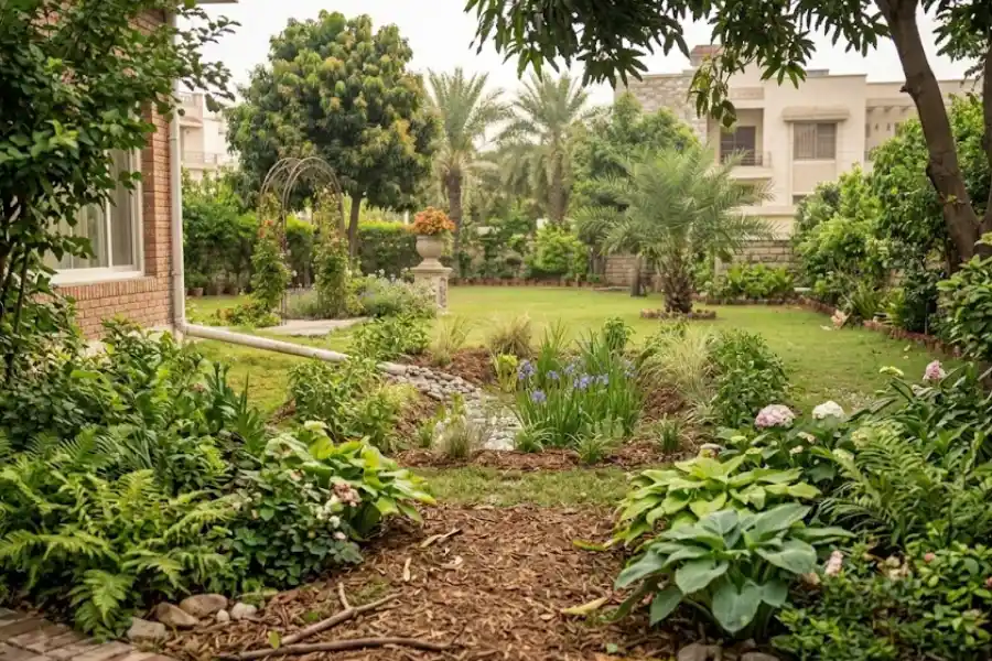 Woodland Garden Ideas: Layers, Costs & Common Mistakes 1 A shaded backyard woodland garden path lined with ferns, hostas, and layered shrubs under dappled sunlight