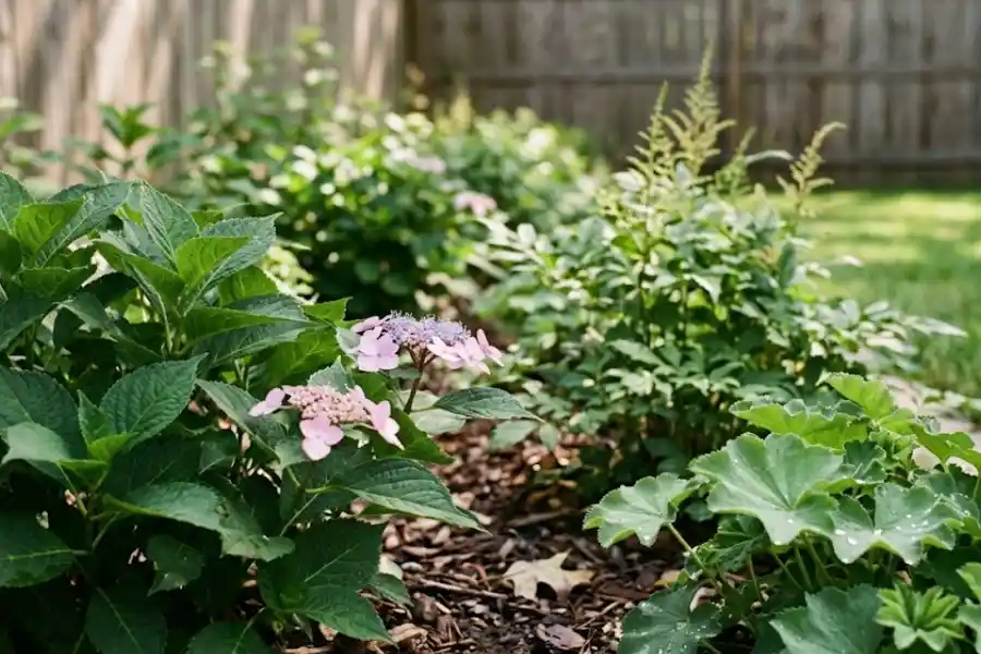 Garden plants with serrated leaves growing together in a sunny backyard flower bed