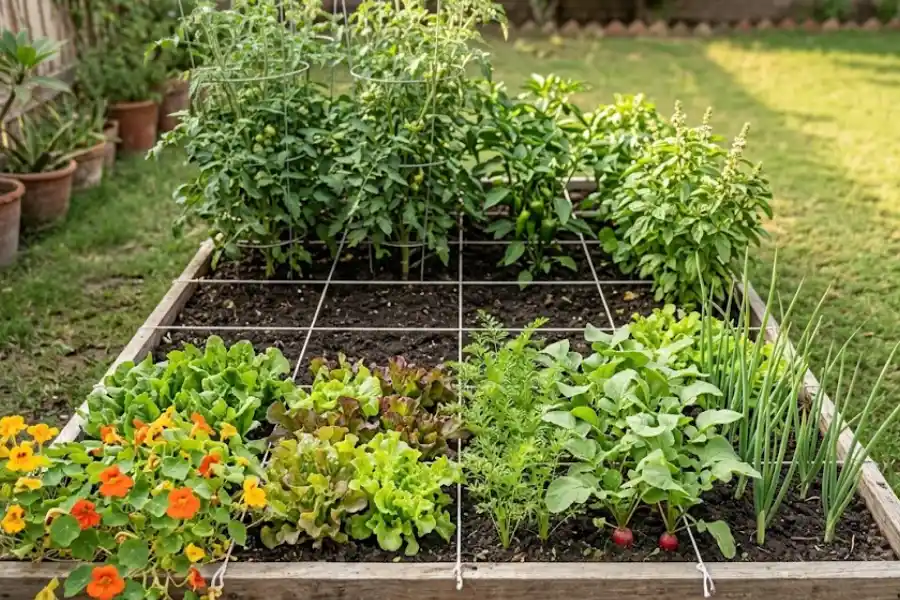 4x8 Raised Garden Bed Planting Layout: 3 Plans, Plant Counts 1 4x8 raised garden bed planting layout with tomatoes, peppers, lettuce, and carrots in a one-foot square grid