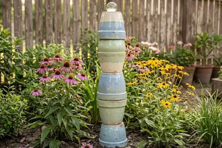 Decorative outdoor garden totem poles made of stacked ceramic pots standing in a sunny flower bed