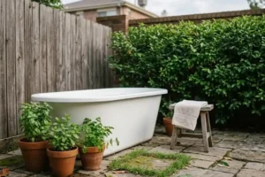 Garden bathtub on a stone patio surrounded by leafy plants and potted herbs