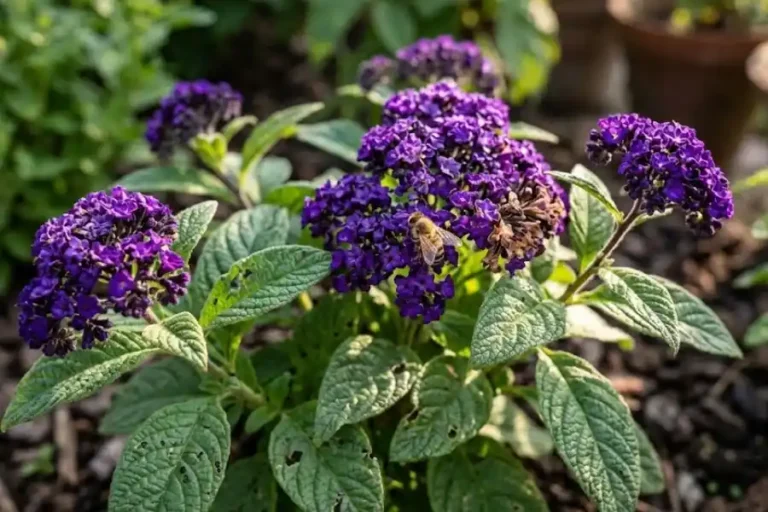 Garden Heliotrope Plant: Planting, Care, and Winter Tips 3 Dark purple flower clusters of a garden heliotrope plant blooming in a sunny garden bed with a bee visiting