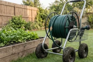 Steel garden hose reel cart with a neatly wound green hose parked on a trimmed lawn beside a vegetable garden bed