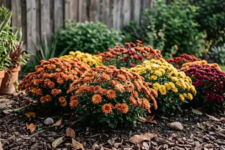 Orange, yellow, and burgundy garden mums blooming in a mulched fall garden bed on a sunny morning