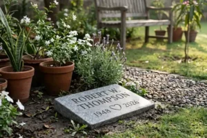 Engraved granite memorial garden stone set beside a flower bed and a garden path in soft morning light