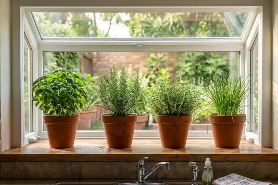 Garden window above a kitchen sink filled with fresh herbs in morning sunlight