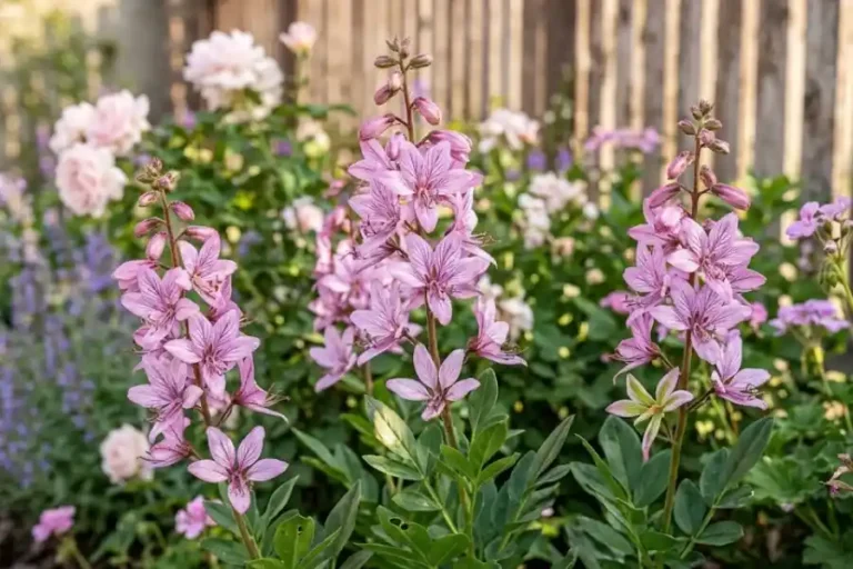 Pink gas plant perennial flower spikes blooming in a sunny cottage core garden border