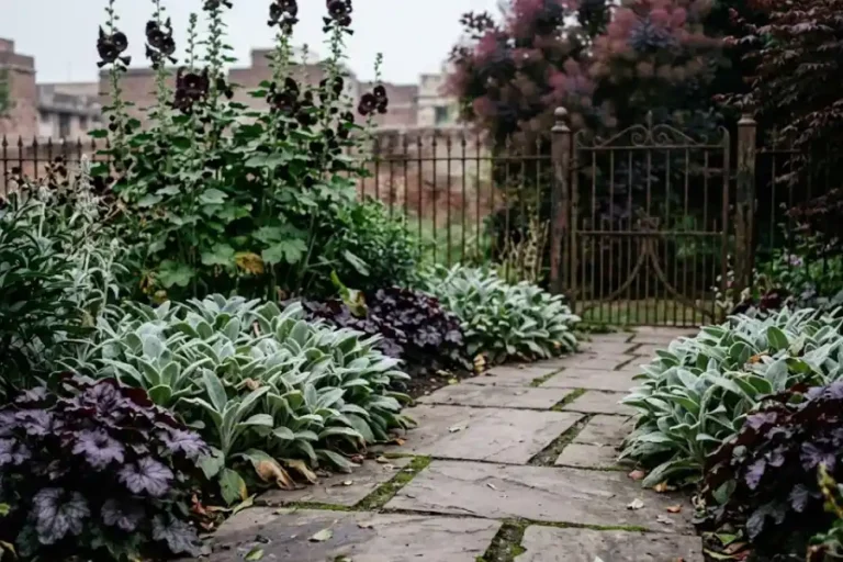 Gothic garden plants including black hollyhocks and silver lamb's ear beside a stone path at dusk