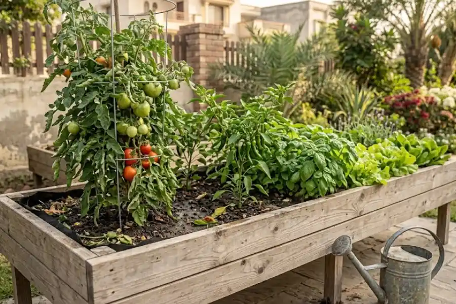 GroundWork 71 in. wood raised garden planter with liner filled with herbs and vegetables on a sunny patio