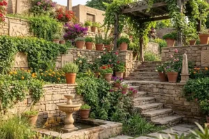 Hanging Garden Iraq with cascading green plants, terracotta pots, stone terraces, and outdoor garden decor.