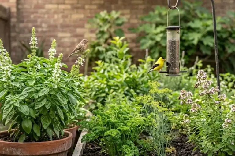 Herb Garden vs Bird Feeder: Which Is Better for Your Yard? 2 Basil, parsley, and dill growing in a sunny backyard herb garden with a goldfinch at a seed feeder nearby