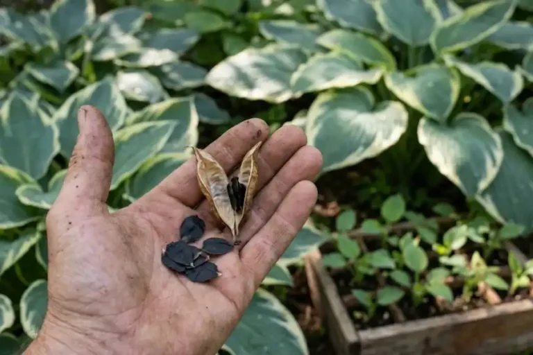 Gardener holding a dry hosta seed pod with black hosta seeds above young seedlings in a shaded garden bed