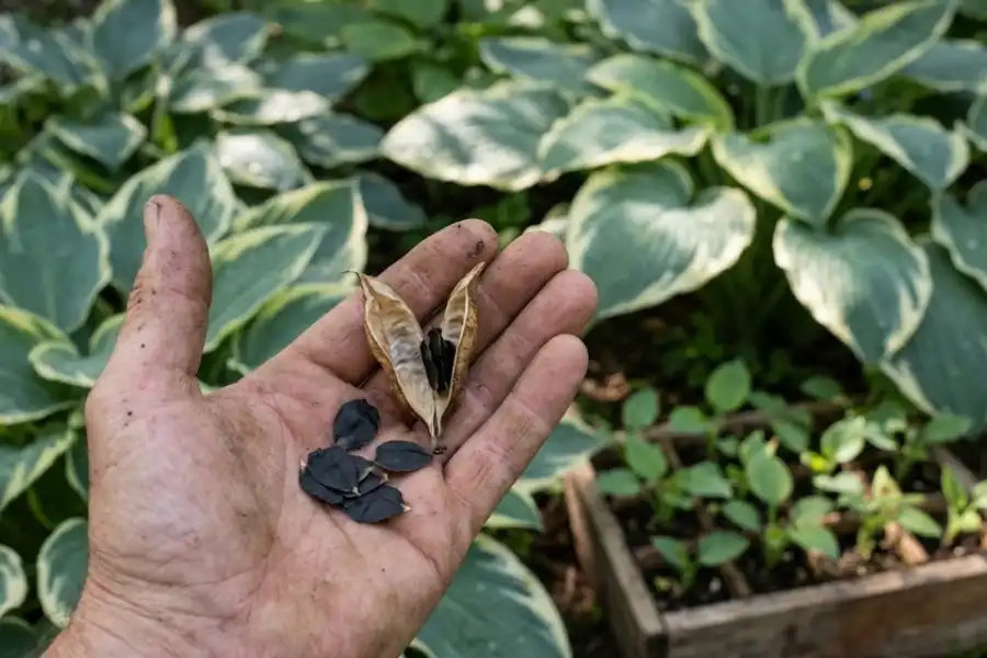 Gardener holding a dry hosta seed pod with black hosta seeds above young seedlings in a shaded garden bed