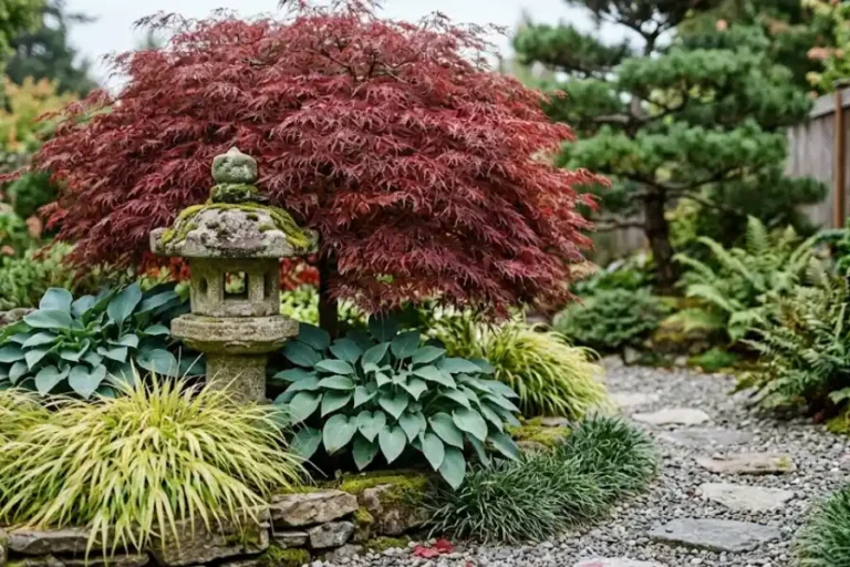 Japanese garden plants with a red Japanese maple, moss, and hostas around a stone lantern