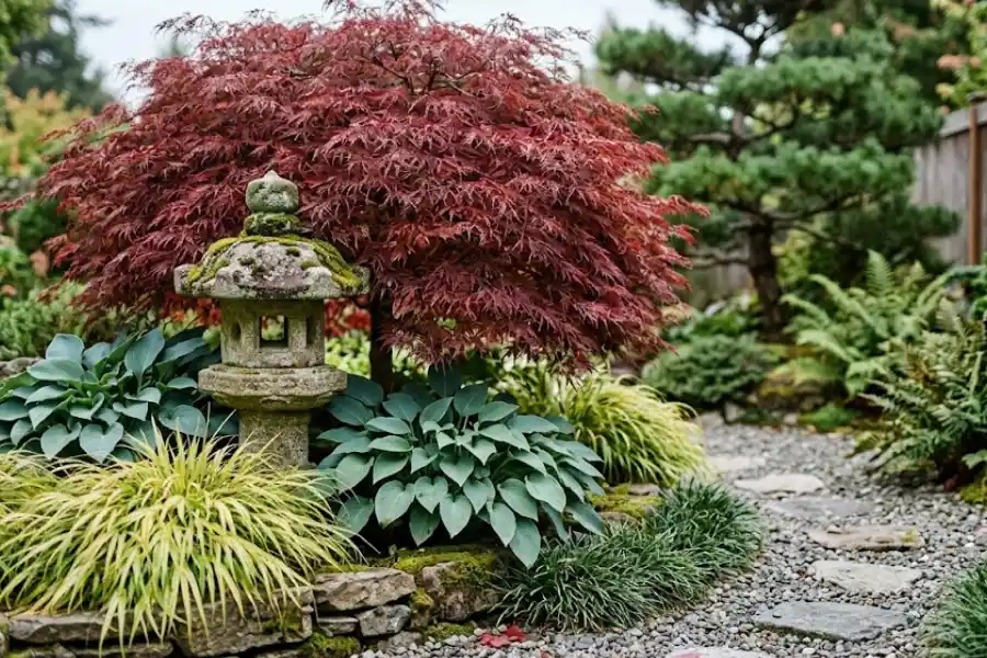 Japanese garden plants with a red Japanese maple, moss, and hostas around a stone lantern