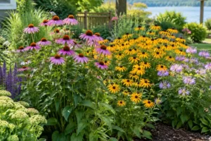 Purple coneflower, black-eyed Susan, and wild bergamot blooming together in a sunny Michigan perennial garden