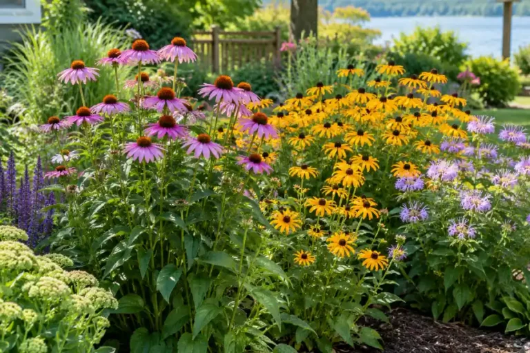 Purple coneflower, black-eyed Susan, and wild bergamot blooming together in a sunny Michigan perennial garden